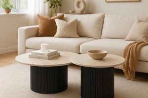 TABLE BASSE GIGOGNE MINA PIED NOIR PLATEAU CERAMIQUE TRAVERTIN MAT 60x45cm + 80x38cm