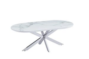 TABLE BASSE MANON PIED CHROME PLATEAU CERAMIQUE MARBRE BLANC 120X60CM