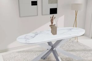 TABLE REPAS MANON PIED CHROME PLATEAU CERAMIQUE MARBRE BLANC 200x100cm