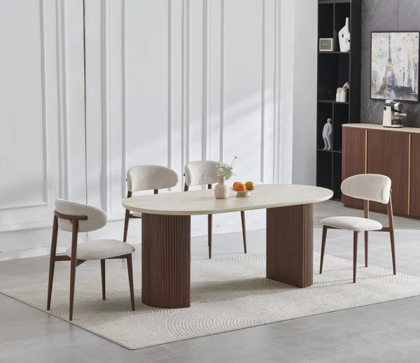 B20CF3C8-FFE9-4B51-9D2C-2109BBB2F432 Table À Manger Calypso Effet Travertin Pied Bois Noyer – Image 1