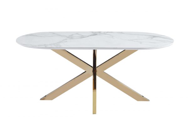 Table repas Manon céramique marbre blanc & pied gold 90x200