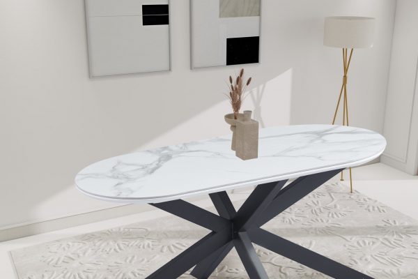 Table à manger Manon 200x90 céramique marbre blanc &pied noir