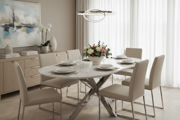 Table à Manger MANON – Chrome & Céramique Marbre Blanc – 200x90 cm